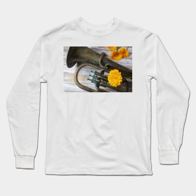 Old Weathered Tuba And Yellow Daisy Long Sleeve T-Shirt by photogarry